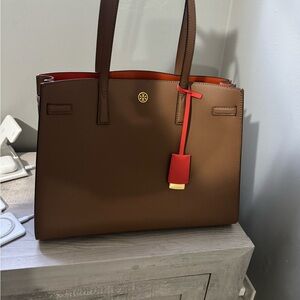 Brown Leather Tote Bag with Red Accents